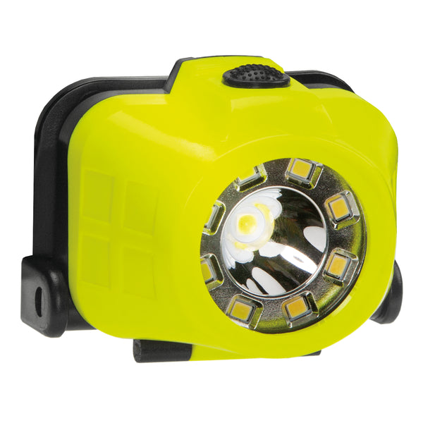The Nightstick XPP-5453G [UL-913] IS Multi-Function Dual-Light Headlamp is a yellow hard hat headlamp with a central lens, multiple smaller LEDs, a black adjustable mount, and a power button on top.