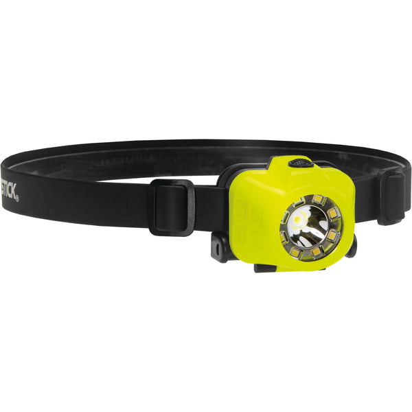 The Nightstick XPP-5453G [UL-913] IS Multi-Function Dual-Light Headlamp features an adjustable strap and central LED, making it ideal for hands-free use on the job. Yellow and black design enhances visibility.