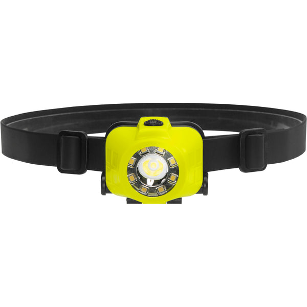 The Nightstick XPP-5453G [UL-913] IS Multi-Function Dual-Light Headlamp, featuring a yellow body, central light, and adjustable black strap for hard hat use, is displayed against a white background.