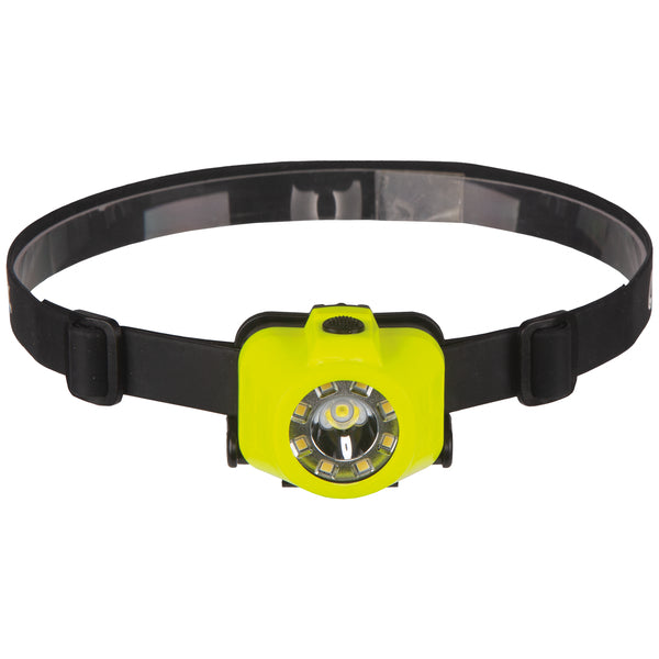 The Nightstick XPP-5453G [UL-913] IS Multi-Function Dual-Light Headlamp, featuring a yellow and black design, adjustable strap, and an Intrinsically Safe LED in the center, is shown against a white background.