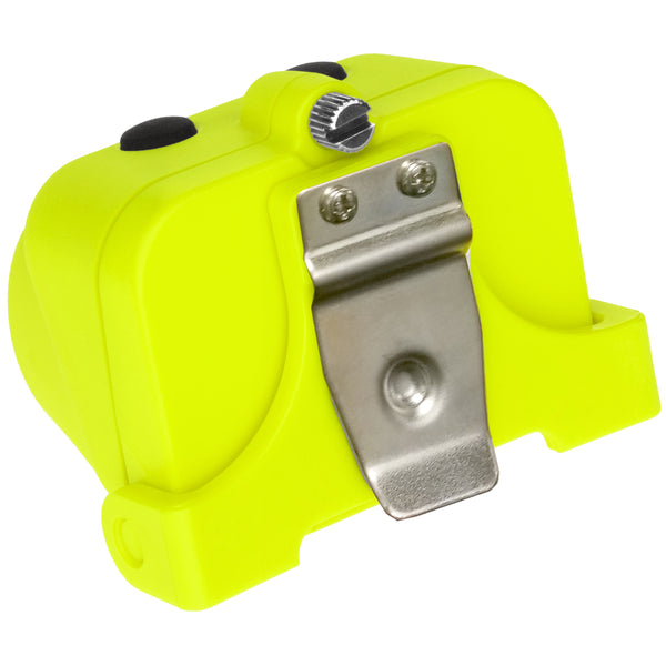 A Nightstick XPP-5454GC [Zone 0] IS Dual-Light Headlamp w/kit in bright yellow plastic, featuring a metal clip and round knob on top, is shown from an angle displaying the clip and part of its side.