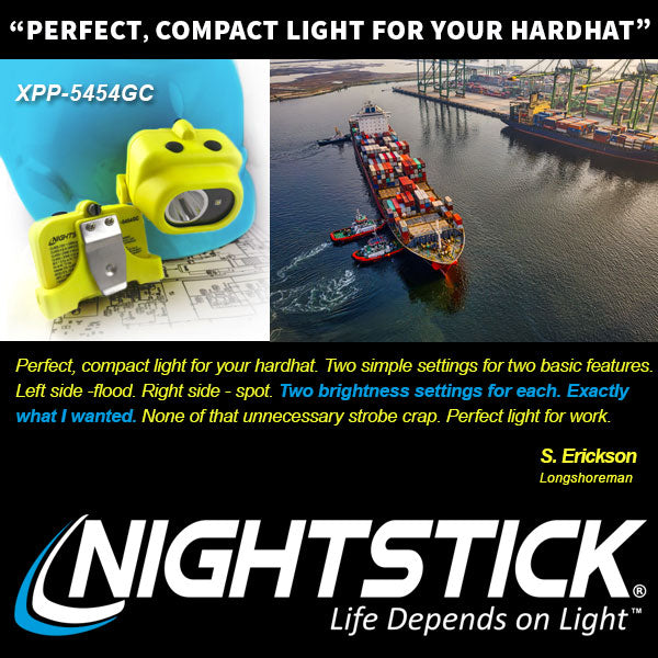 Advertisement for the Nightstick XPP-5454GC [Zone 0] IS Dual-Light Headlamp w/kit, showing a hard hat with clip, a cargo ship at port, and a testimonial highlighting its versatile settings and reliable performance.