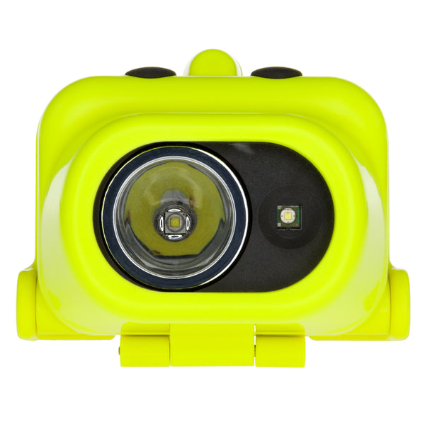 Close-up front view of the Nightstick XPP-5454GC [Zone 0] IS Dual-Light Headlamp with a bright yellow body, large round lens, smaller rectangular light, and optional hard hat clip for hands-free use.