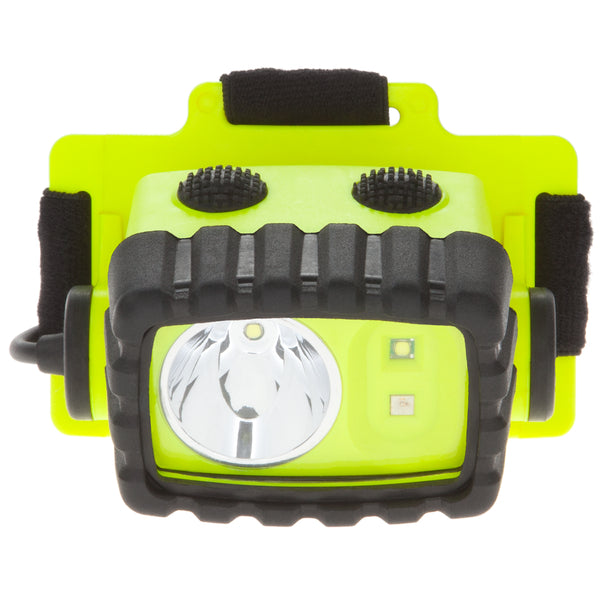 Front view of the Nightstick XPP-5456G [Zone 0] IS Permissible Dual-Light Headlamp in bright yellow, featuring a black adjustable strap, two top control knobs, a large rectangular light with reflective lens, and extra small LEDs.