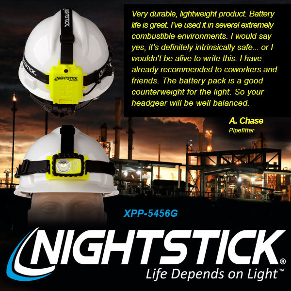 A white hard hat with a yellow Nightstick XPP-5456G [Zone 0] IS Permissible Dual-Light Headlamp is shown from the front and side, featuring a testimonial on its durability and safety, plus the Nightstick logo and slogan, "Life Depends on Light.