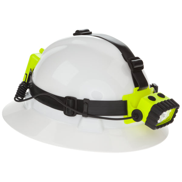 White hard hat with a Nightstick XPP-5458G IS Permissible Dual-Light Headlamp (black/yellow) attached, secured by an adjustable strap.