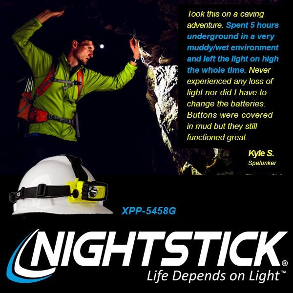 A spelunker wearing a white helmet with the Nightstick XPP-5458G [Zone 0] IS Permissible Dual-Light Headlamp explores a cave. The yellow headlamp, Nightstick logo, and testimonial about its performance are shown below.