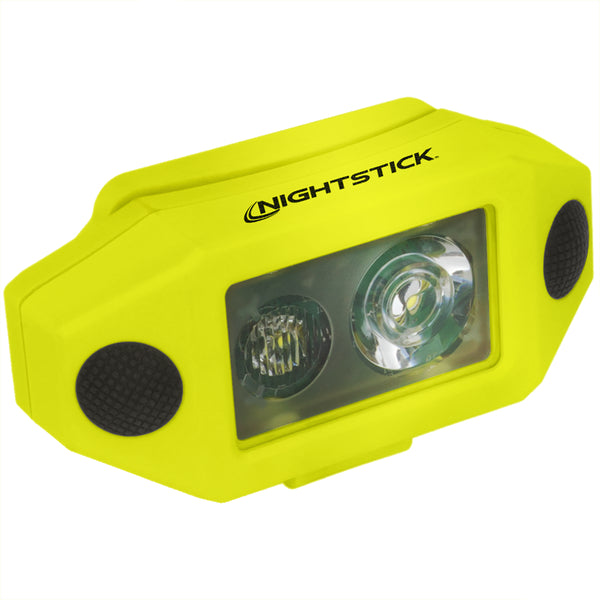 A yellow Nightstick XPP-5460GCX [Zone 0] IS Low-Profile Dual-Light Headlamp with two Intrinsically Safe LED bulbs, black side buttons, and kit, shown against a white background.