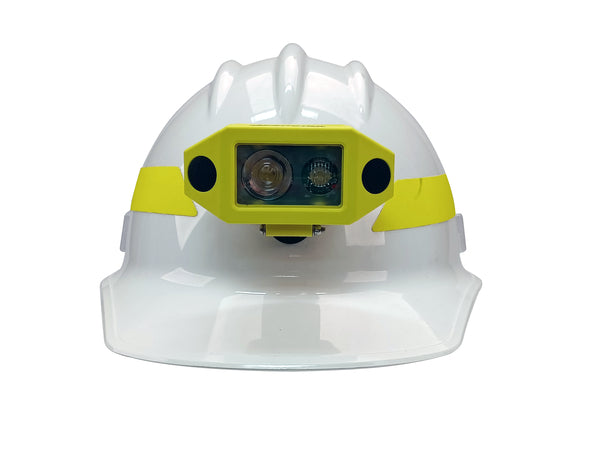 A white hard hat with a Nightstick XPP-5460GCX [Zone 0] IS Low-Profile Dual-Light Headlamp w/kit (yellow and black) mounted on the front, shown against a plain white background.
