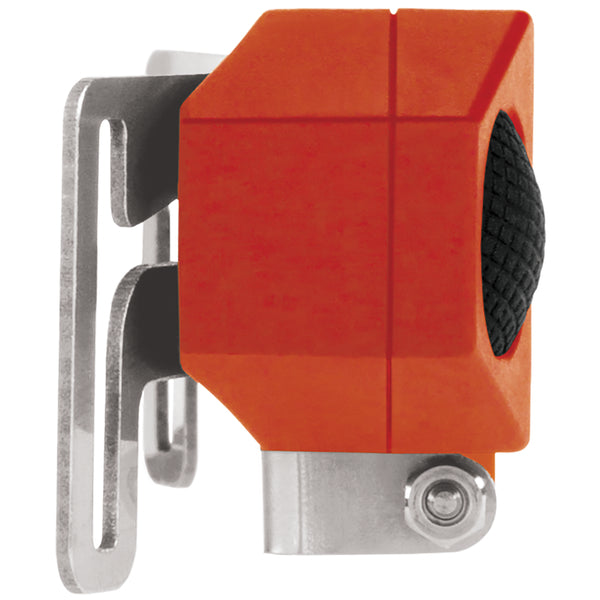 Close-up of a Nightstick XPP-5462RX [Zone 0] DICATA® IS Low-Profile Dual-Light Headlamp, showing its orange and black sensor with metal mounting bracket and screw, designed for intrinsically safe fire helmet applications.