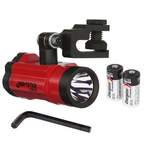 The Nightstick XPP-5465R FORGE® IS Helmet-Mounted Multi-Function Flashlight in red includes a mounting bracket, two CR123 batteries, and an Allen wrench—perfect as a fire helmet light for tough environments.