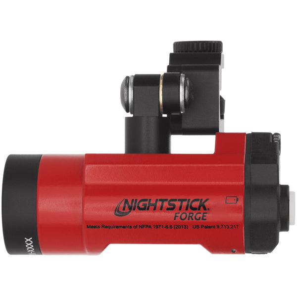 Nightstick XPP-5465R FORGE® IS Helmet-Mounted Multi-Function Flashlight in red, displayed side view with visible branding and patent details, designed as an intrinsically safe fire helmet light with mounting bracket.