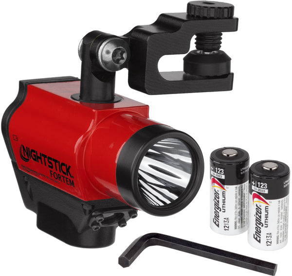 The Nightstick XPP-5466R FORTEM® IS Helmet-Mounted Dual-Light Flashlight includes a mounting bracket, two CR123 lithium batteries, and a hex key—perfect for firefighter safety or use as a dependable helmet flashlight.