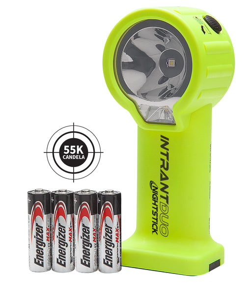 A bright yellow Nightstick XPP-5564GX INTRANT DUO TURBO IS Dual-Light Angle Light (4AA) stands upright next to four AA Energizer Max batteries, with a “55K Candela” graphic in the background.