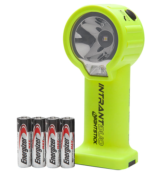 A Nightstick XPP-5564GXA [Zone 0/20] INTRANT® DUO IS Dual-Light Angle Light in yellow stands upright next to four Energizer AA batteries on a white background.