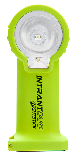 A front view of the bright green Nightstick XPP-5564GXA [Zone 0/20] INTRANT® DUO IS Dual-Light Angle Light - 4AA, featuring a circular lens and rectangular body, displayed on a white background.