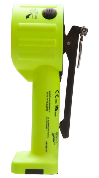 Side view of a bright yellow Nightstick XPP-5564GXA [Zone 0/20] INTRANT® DUO IS Dual-Light Angle Light - 4AA with black lever, metal clip, textured grip, handle labeling, and reliable design for hazardous environments.