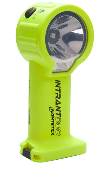 A yellow handheld Nightstick XPP-5564GXA INTRANT® DUO IS Dual-Light Angle Light [Zone 0/20], featuring a black on/off switch and reflective lens; powered by 4 AA batteries.
