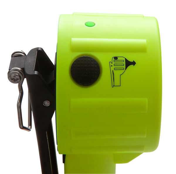 Close-up of the bright green Nightstick XPP-5564GXA INTRANT® DUO IS Dual-Light Angle Light—zone 0/20 certified—ideal for emergencies and easily paired with a manual siren for reliable alerts and enhanced visibility.