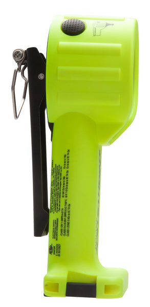 The Nightstick XPP-5564GXA INTRANT® DUO IS Dual-Light Angle Light (Zone 0/20) is a bright yellow LED flashlight with a black clip and metal loop, shown vertically from the side against a white background.