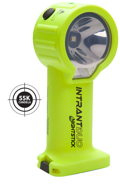A yellow Nightstick XPP-5564GX INTRANT® DUO TURBO IS Dual-Light Angle Light (4AA) with large reflector, Zone 0/20 rated, 55,000 candela.
