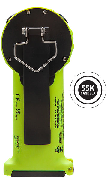 The Nightstick XPP-5564GX [Zone 0/20] INTRANT® DUO TURBO IS Dual-Light Angle Light (4AA) is a bright yellow flashlight with a black handle, metal clip, back labeling, and a "55K CANDELA" target symbol graphic beside it.