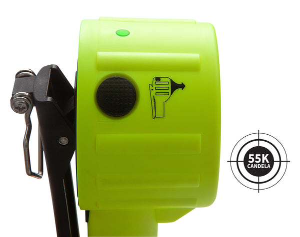 A close-up of the bright green Nightstick XPP-5564GX [Zone 0/20] INTRANT® DUO TURBO IS Dual-Light Angle Light (4AA), with a black button, an arrow-hand graphic pressing it, and a target icon displaying "55K Candela.