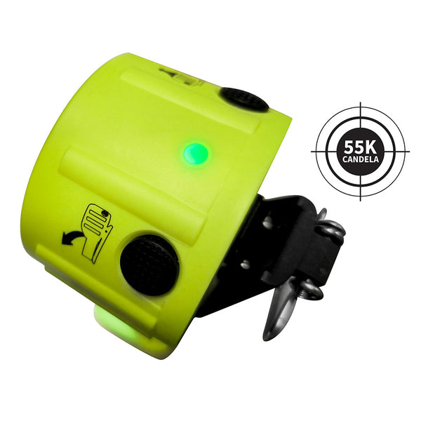A yellow Nightstick XPP-5564GX INTRANT® DUO TURBO IS Dual-Light Angle Light [Zone 0/20] with a glowing green indicator, black buttons, and metal clip, is shown beside a "55K CANDELA" graphic.