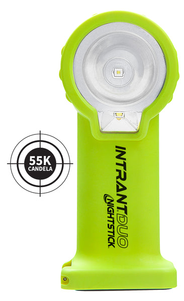 A bright yellow-green Nightstick XPP-5564GX INTRANT® DUO TURBO IS Dual-Light Angle Light (4AA) stands upright with a circular lens. Beside it, a target icon shows "55K CANDELA." Rated for Zone 0/20 use.