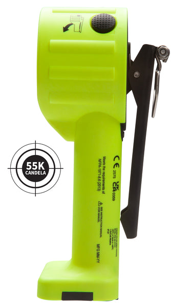 The Nightstick XPP-5564GX [Zone 0/20] INTRANT® DUO TURBO IS Dual-Light Angle Light - 4AA is a bright green intrinsically safe flashlight with a black handle and button, "55K CANDELA" target symbol, and NFPA compliance.
