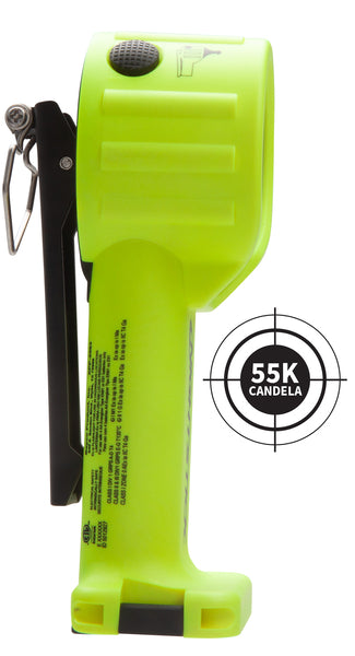 A profile view of the Nightstick XPP-5564GX [Zone 0/20] INTRANT® DUO TURBO IS Dual-Light Angle Light - 4AA, a bright yellow ATEX flashlight with a black clip and an icon indicating its 55,000 candela brightness.