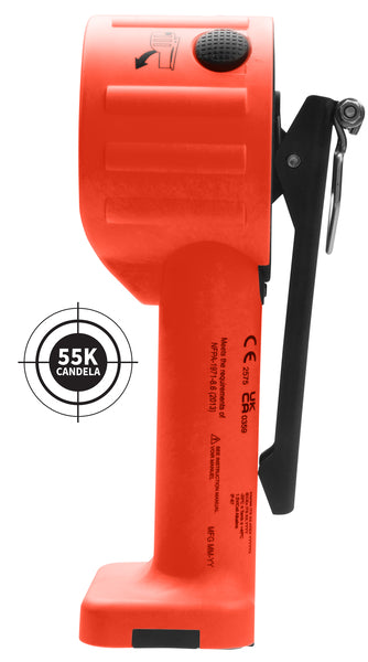 A Nightstick XPP-5564RX [Zone 0/20] INTRANT® DUO TURBO IS Dual-Light Angle Light - 4AA in red, featuring a black handle and "55K Candela" label, shown in side profile against a white background.