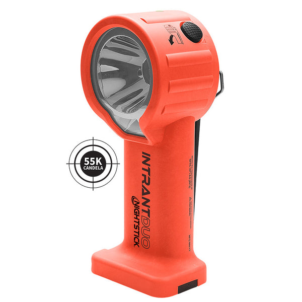 A Nightstick XPP-5564RX [Zone 0/20] INTRANT® DUO TURBO IS Dual-Light Angle Light - 4AA is shown upright; a target graphic highlights "55K candela" brightness. This ATEX Certified, intrinsically safe flashlight ensures top safety and performance.