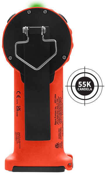 The Nightstick XPP-5564RX [Zone 0/20] INTRANT® DUO TURBO IS Dual-Light Angle Light – 4AA is shown upright with a black base and metal clip beside a "55K Candela" graphic.