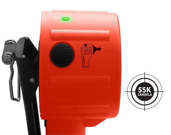 Close-up of the Nightstick XPP-5564RX INTRANT® DUO TURBO IS Dual-Light Angle Light (ATEX Zone 0/20), an orange handheld spotlight with LED Dual-Light technology, flashlight icon, black button, green indicator, and “55K Candela” graphic.