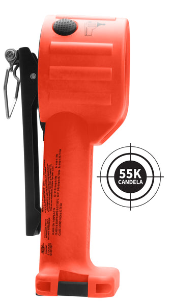 Side view of an orange Nightstick XPP-5564RX INTRANT® DUO TURBO IS Dual-Light Angle Light with black clip, "55K Candela" label in a target graphic to the right.