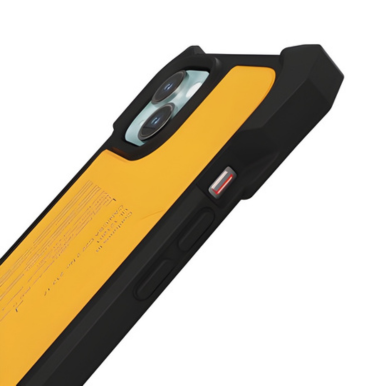 An iPhone 15 with The Joy Factory aXtion® Extreme Case, yellow and black, MagSafe compatible, featuring two rear cameras and side buttons.