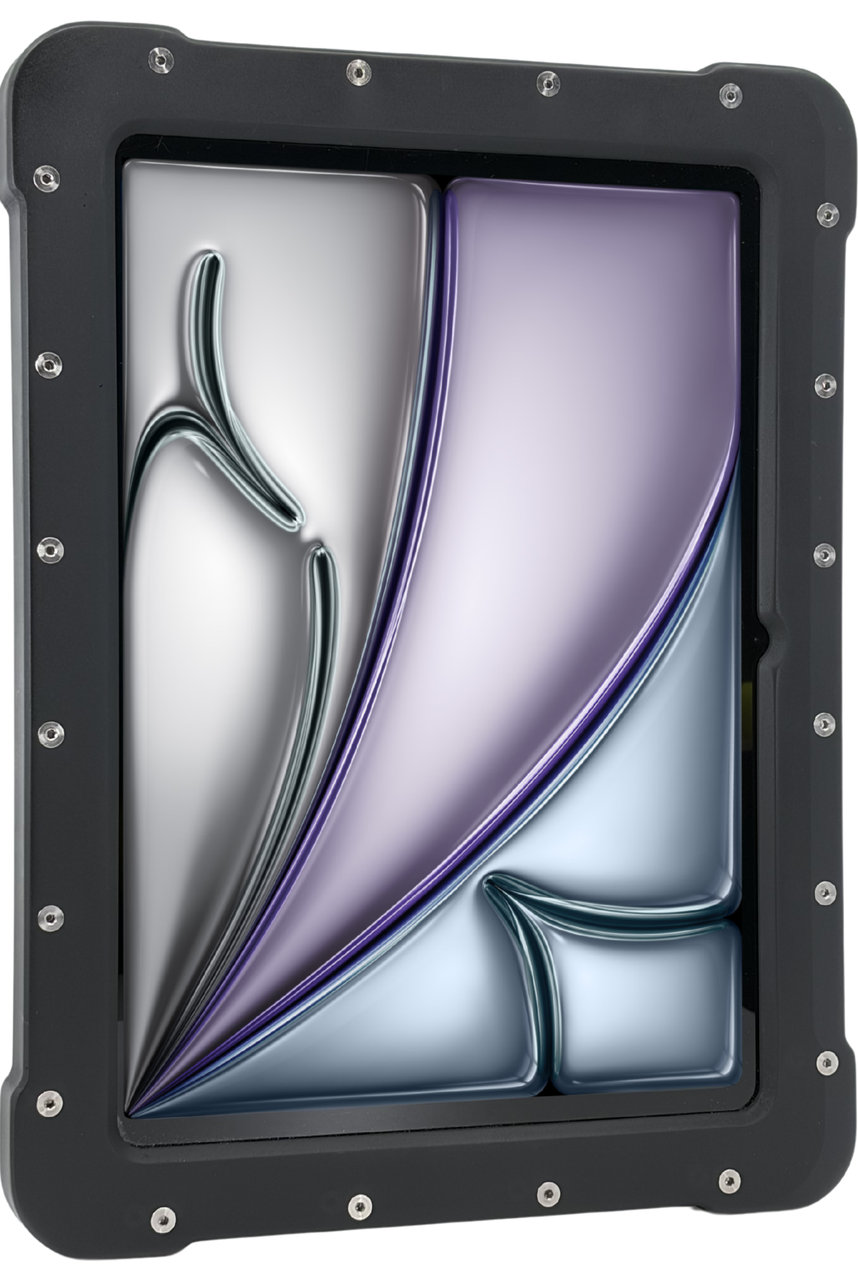 The Armadex Zone 2/22 Ex UniCase for iPad Air (M3, 2025) is a rectangular black-framed metallic panel with smooth, abstract, curved shapes in silver, purple, and blue.