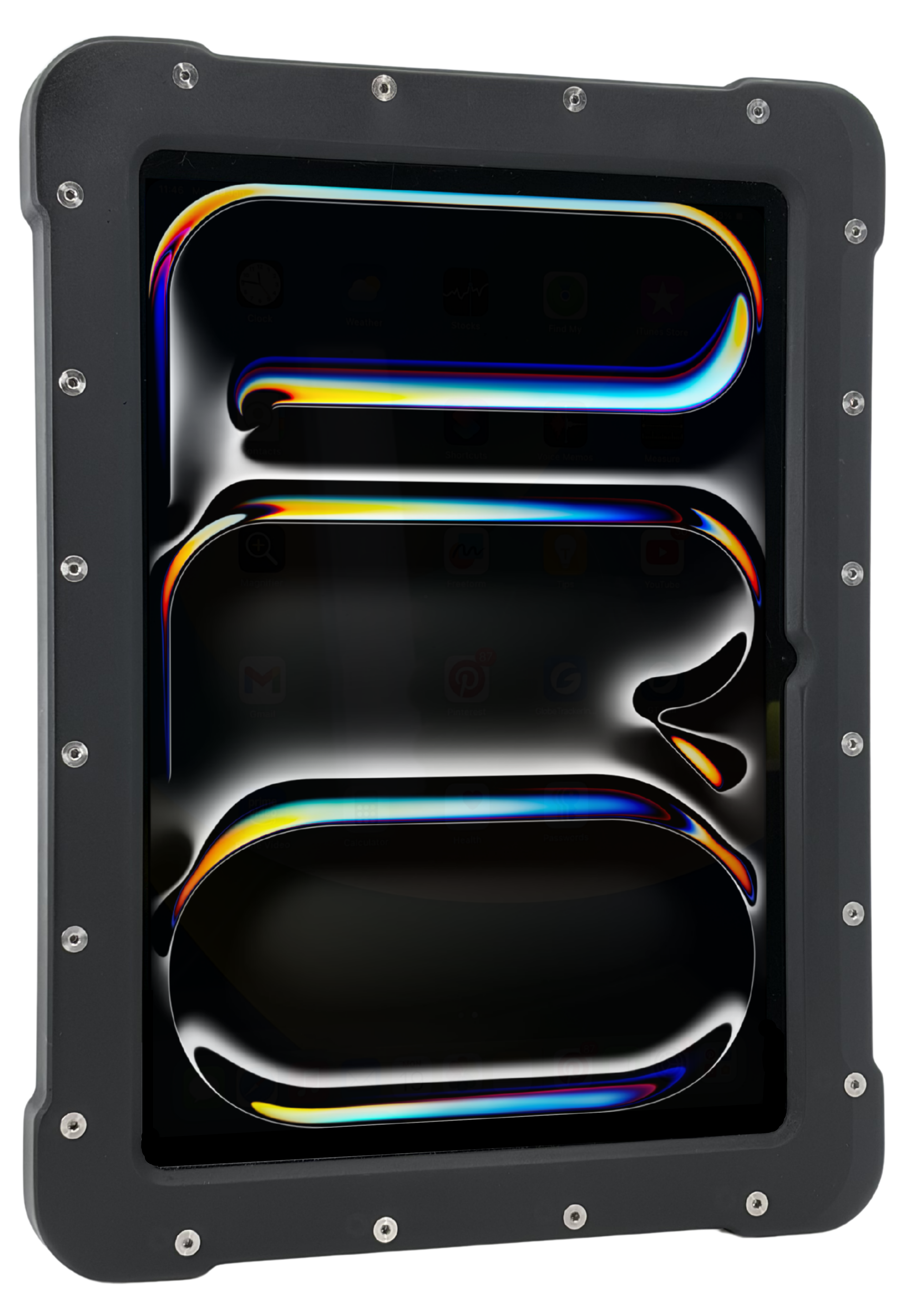 The Armadex Zone 2/22 Ex UniCase for iPad Air (M4, 2025) is a rugged tablet in a thick black impact-resistant case, featuring a screen with a colorful abstract wallpaper.