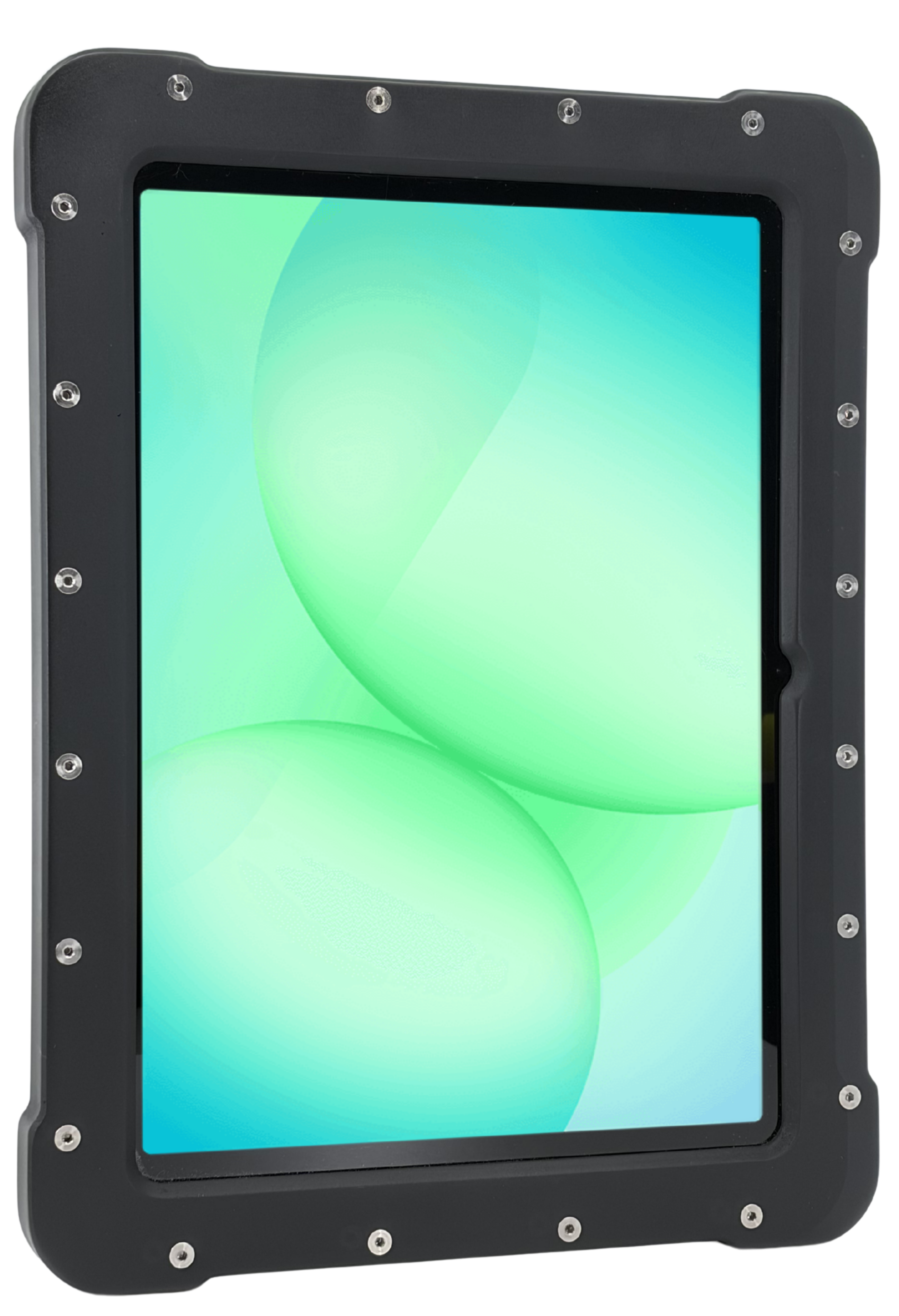 The Armadex Zone 2/22 Ex UniCase - Galaxy Tab S10 FE is a rugged tablet with a black protective case, metal screws along the edges, and a display showing a green and blue abstract background.