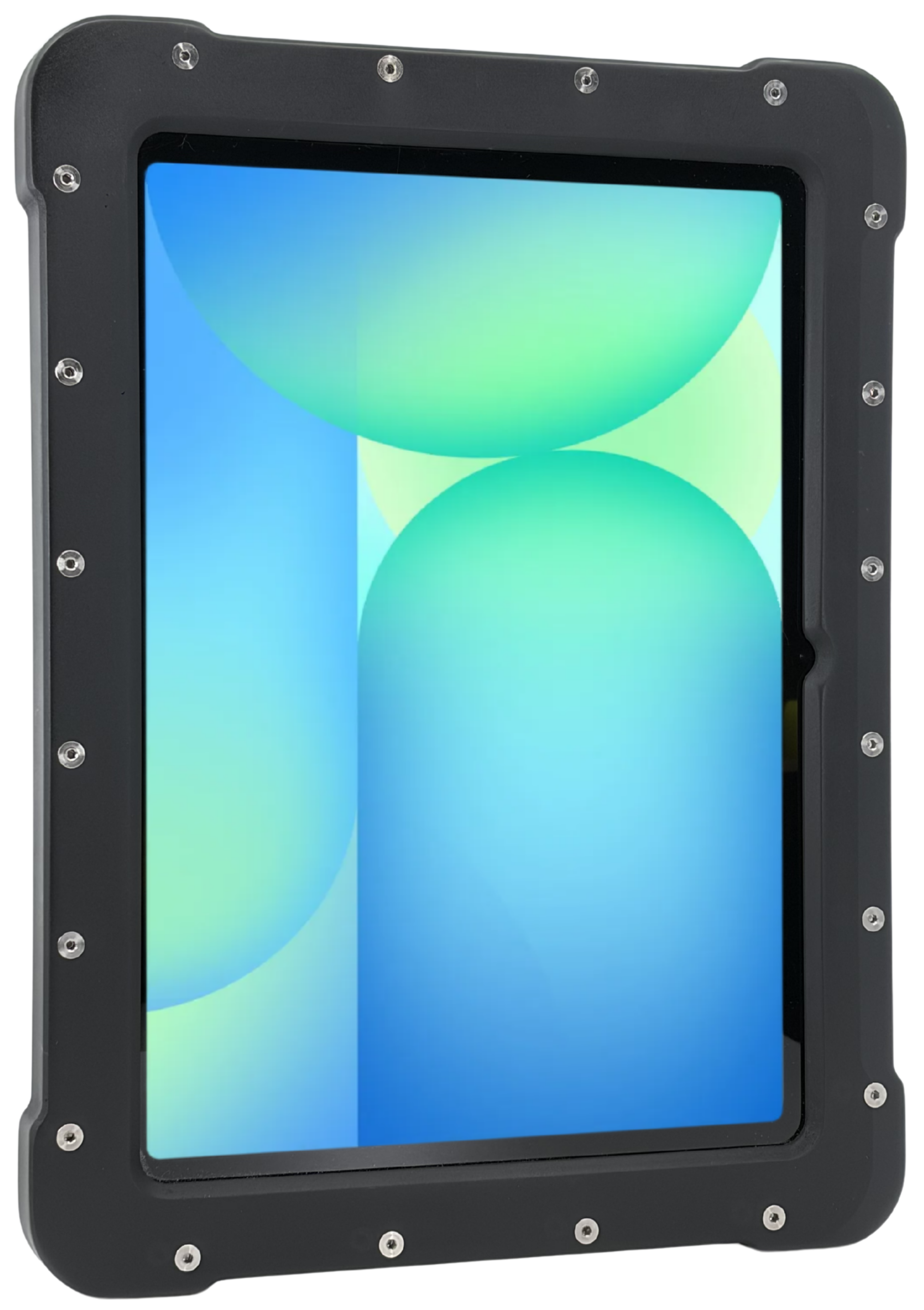 The Armadex Zone 2/22 Ex UniCase for Galaxy Tab S10 FE is a rugged tablet featuring an impact-resistant body, reinforced black frame with exposed screws, and displays a blue and green abstract background on its screen.