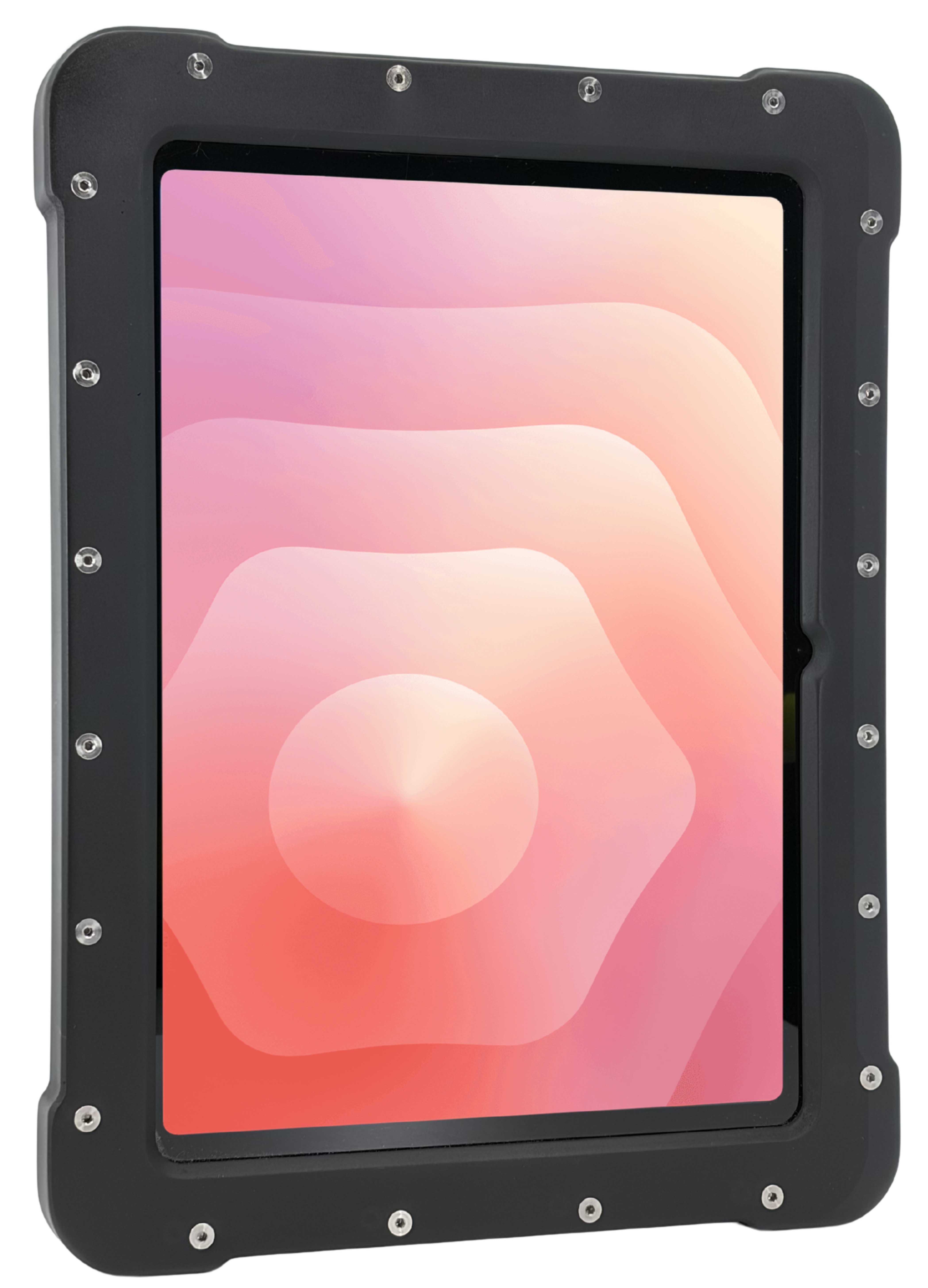 The Armadex Zone 2/22 Ex UniCase for Galaxy Tab S11 features an impact-resistant, rugged black body with visible screws and displays a pink geometric background on its screen.