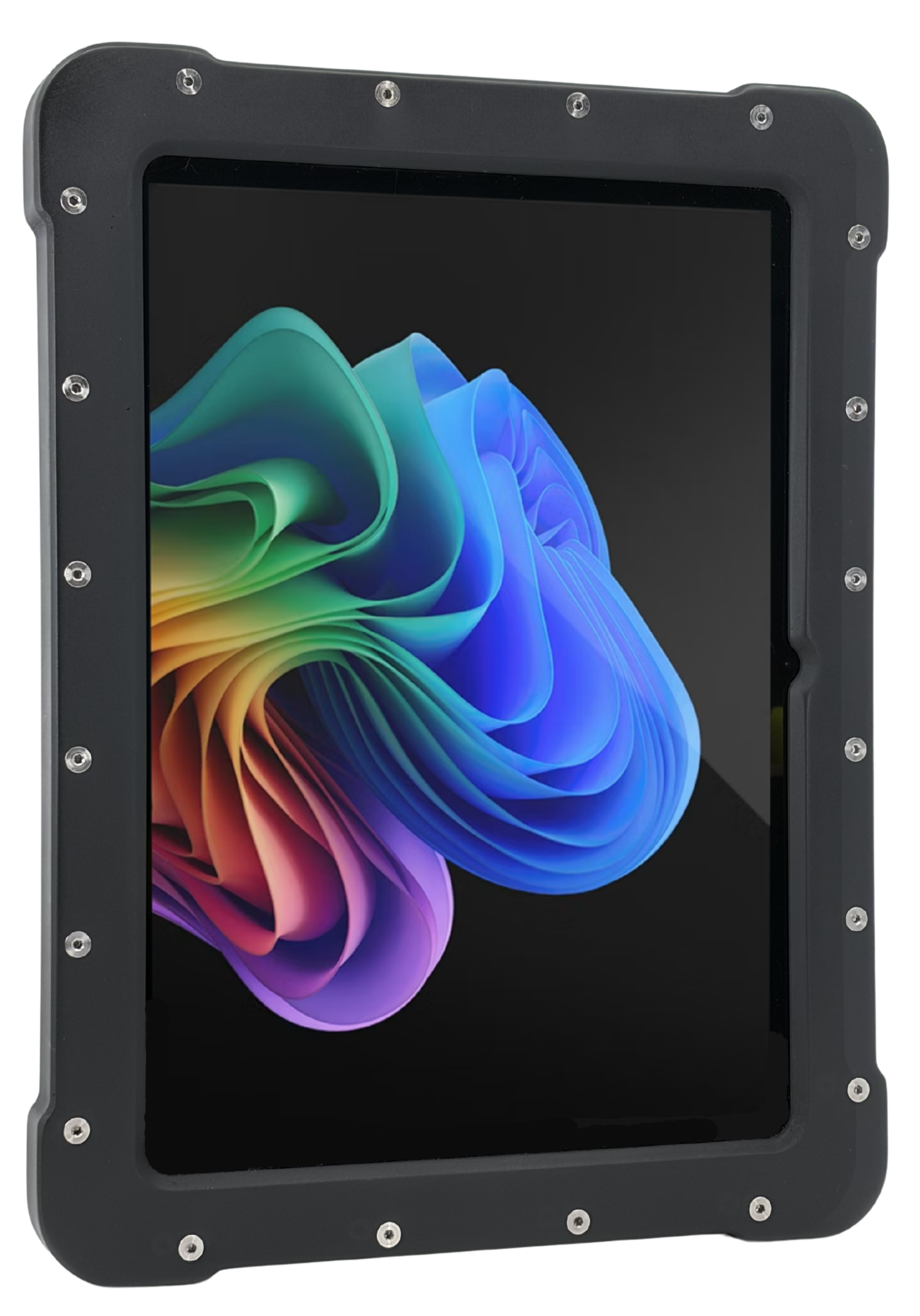 The Armadex Zone 2/22 Ex UniCase - Surface Pro is a rugged tablet featuring an impact-resistant black protective case and a vibrant abstract pattern displayed on the screen.