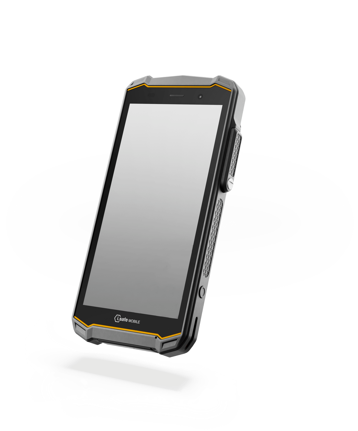 A black, dual-SIM i.safe MOBILE IS540.RG Rugged 5G Smartphone with orange accents on the top and bottom edges, viewed from a slight angle.