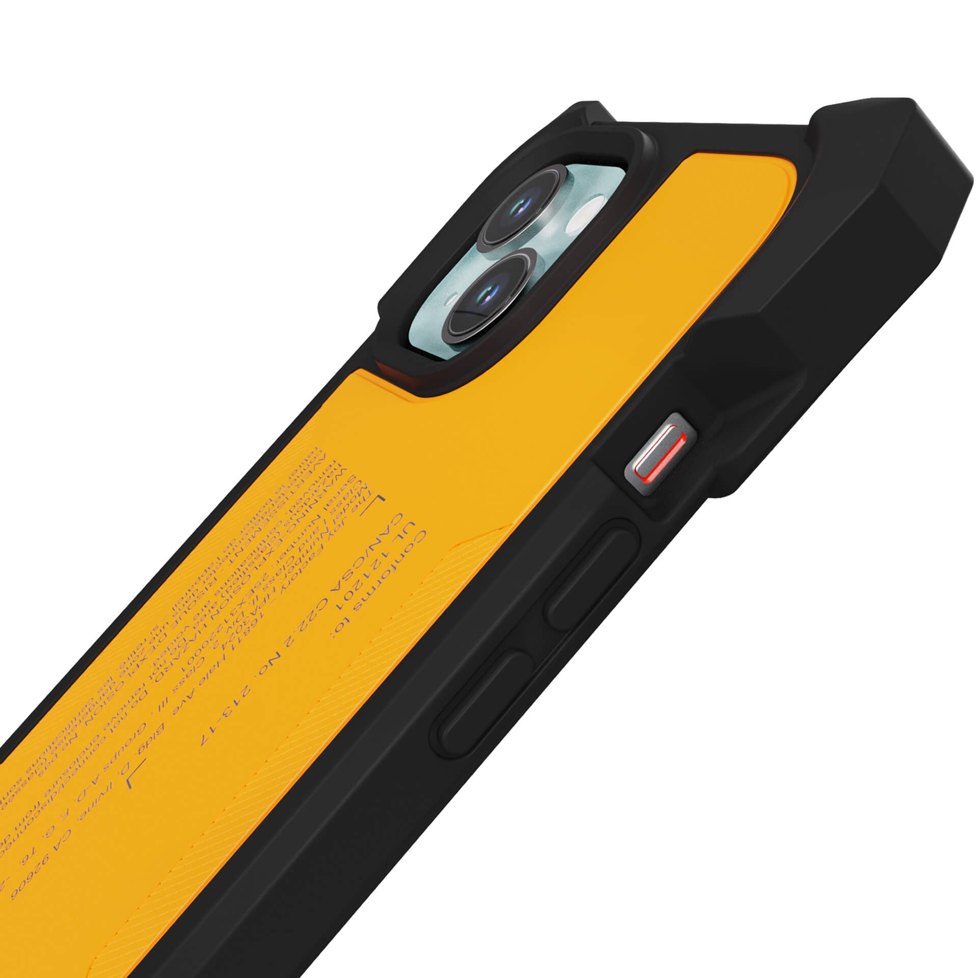 Close-up of The Joy Factory- aXtion® Extreme Case for iPhone 15 in yellow and black shows camera cutout, volume buttons, switch, and back text. This MagSafe compatible case delivers superior protection.