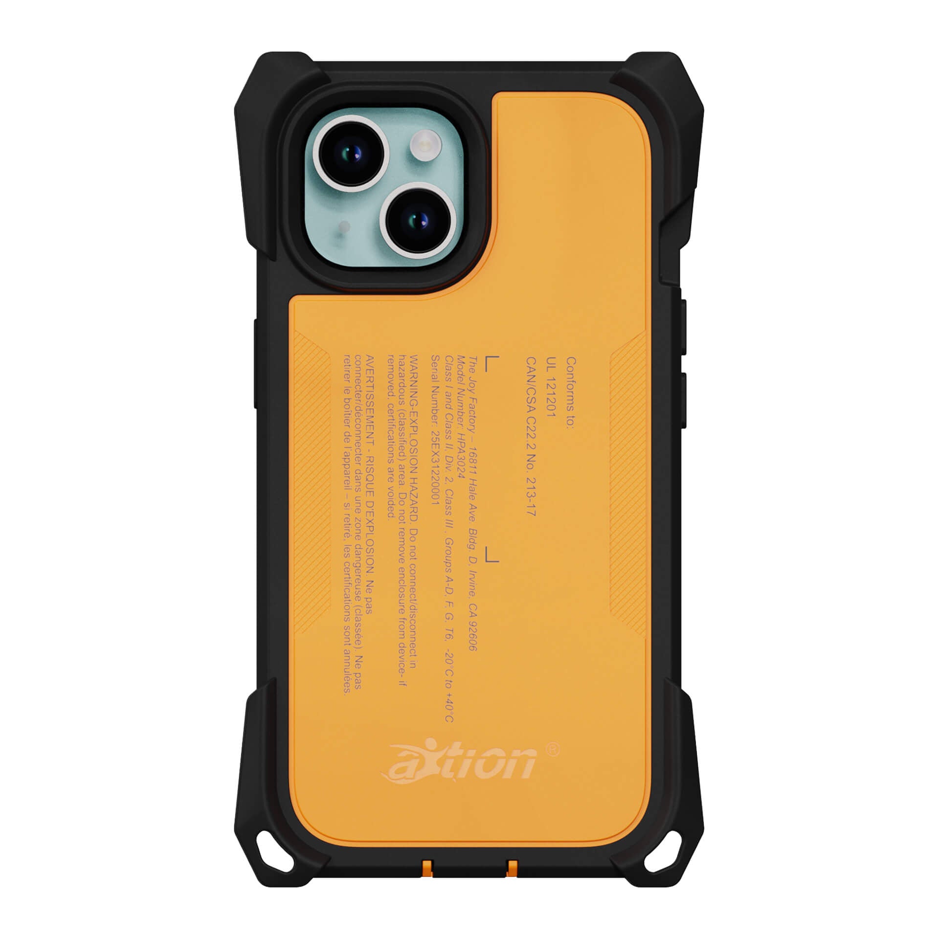 An iPhone 15 in a rugged black and yellow The Joy Factory aXtion® Extreme Case, featuring printed technical details and the "aition" brand name on the back.