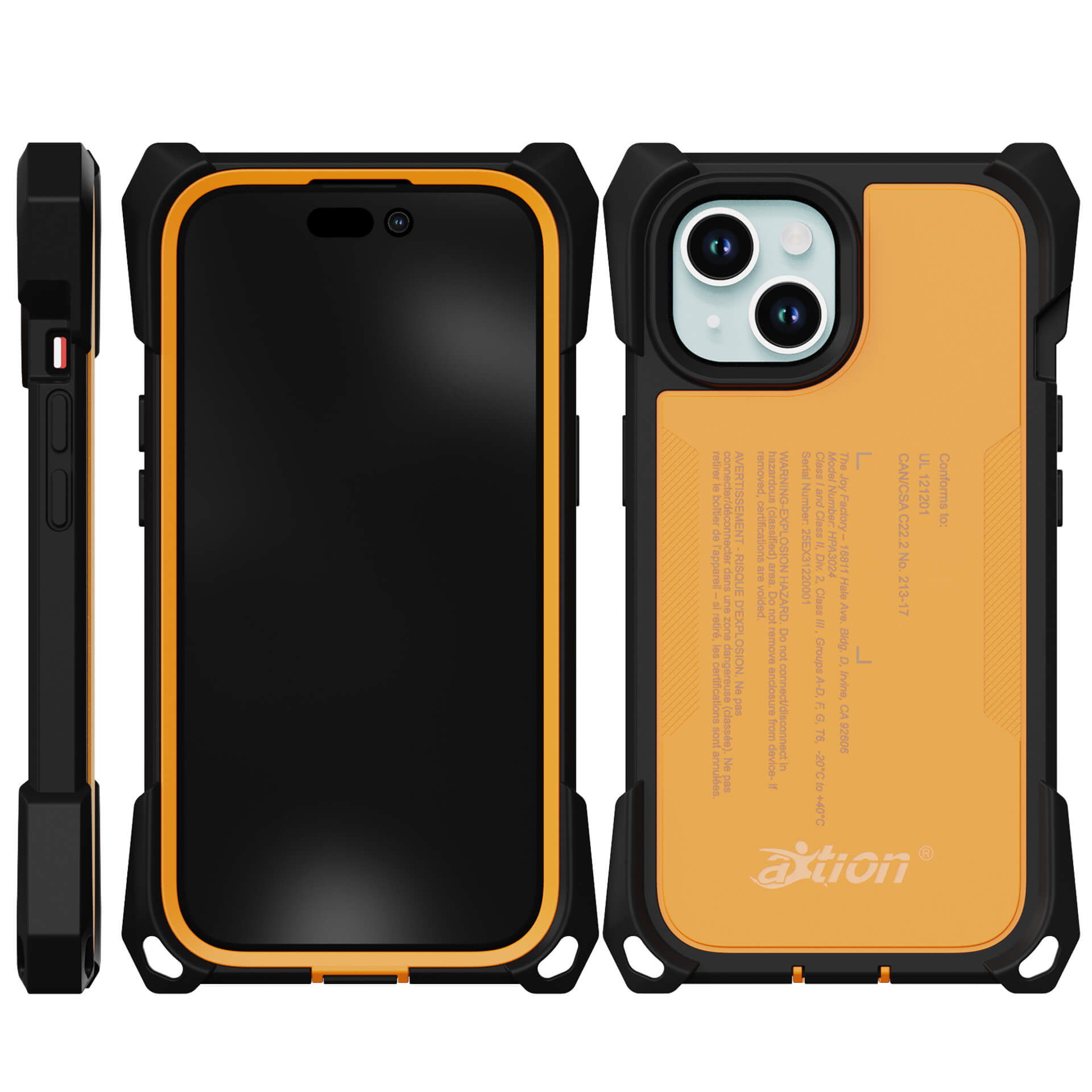 The Joy Factory aXtion® Extreme Case for iPhone 15 is displayed in black/yellow with reinforced corners, MIL-STD-810H drop protection, and added camera and screen detailing, shown from the front, back, and side.