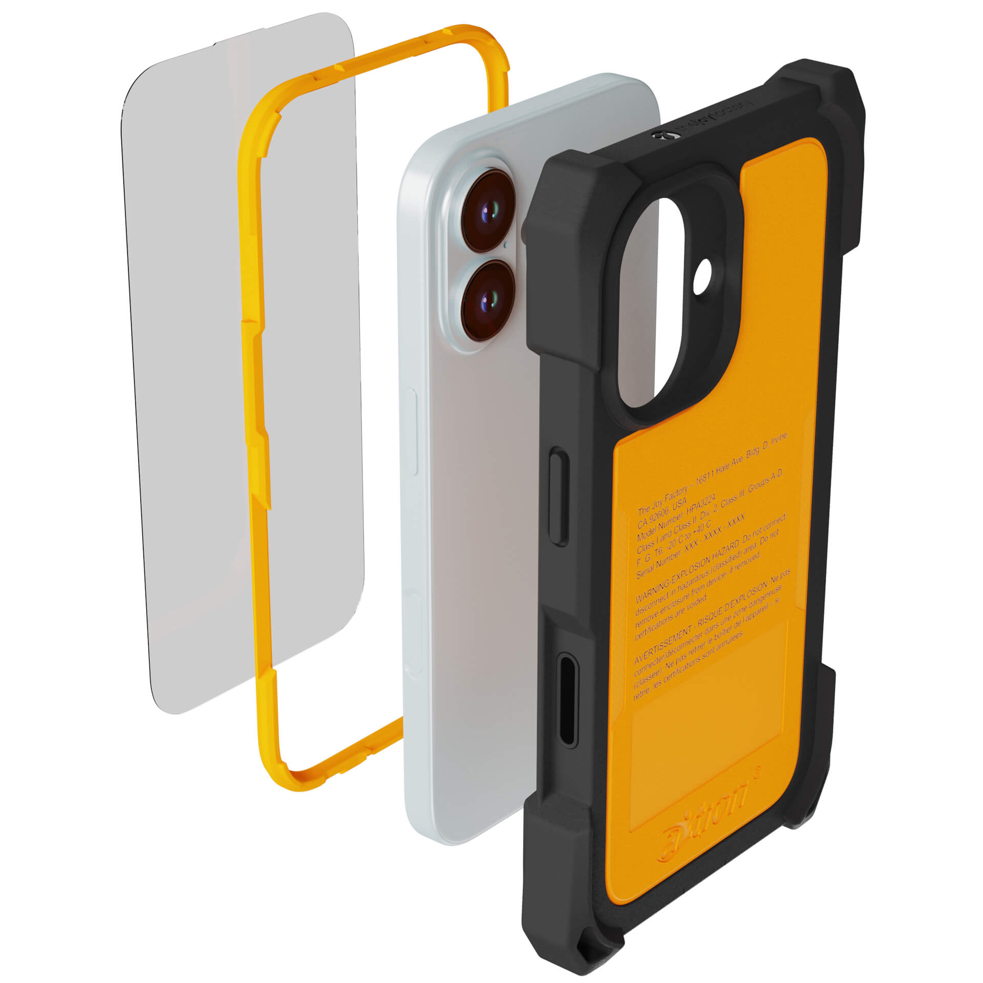 Exploded view of The Joy Factory aXtion Extreme Case for iPhone 17 kit: includes phone, screen protector, yellow frame, and black/yellow MIL-STD-810H certified rugged case with MagSafe compatibility.