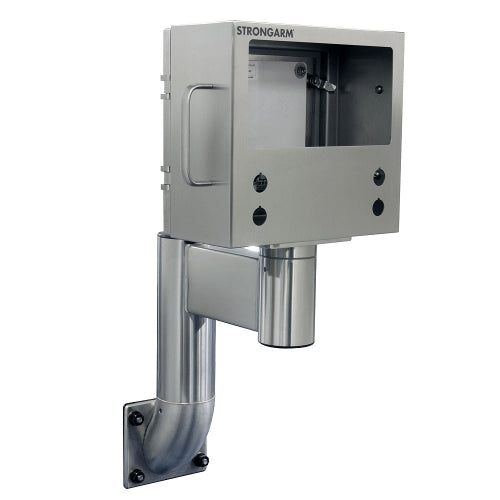 The Strongarm ARTICULATING ENCLOSURE SYSTEMS is a wall-mounted stainless steel terminal enclosure with gas spring assisted articulation, a handle, circular openings, and is supported by a sturdy metal arm and base.