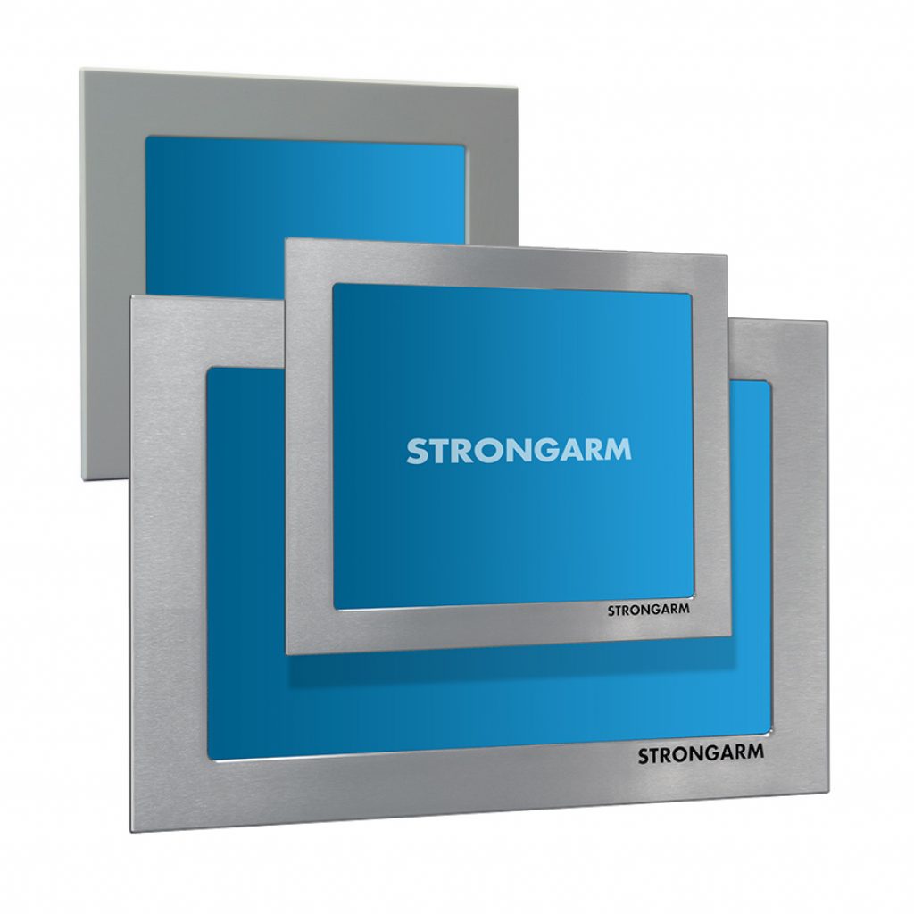 Three Strongarm INDUSTRIAL PANEL MOUNT DISPLAY monitors of different sizes are stacked in a staggered arrangement, each showing a blue screen with the logo—ideal rugged, sunlight-readable displays for tough industrial environments.